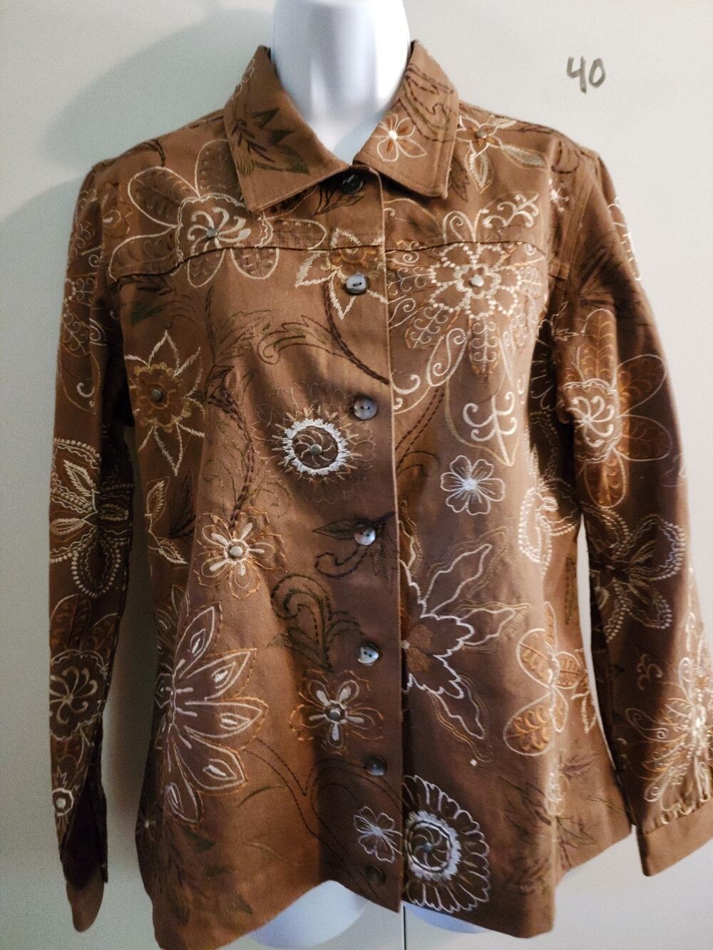 Vintage Laura Ashley Womens Small Brown Floral Embroidered Cotton Jacket Shirt S
